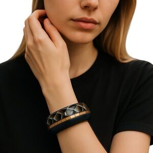Vintage Lucite Bangle Bracelet Black Gold Mosaic Chunky Retro Statement Jewelry
